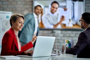 a team having a jovial discussion