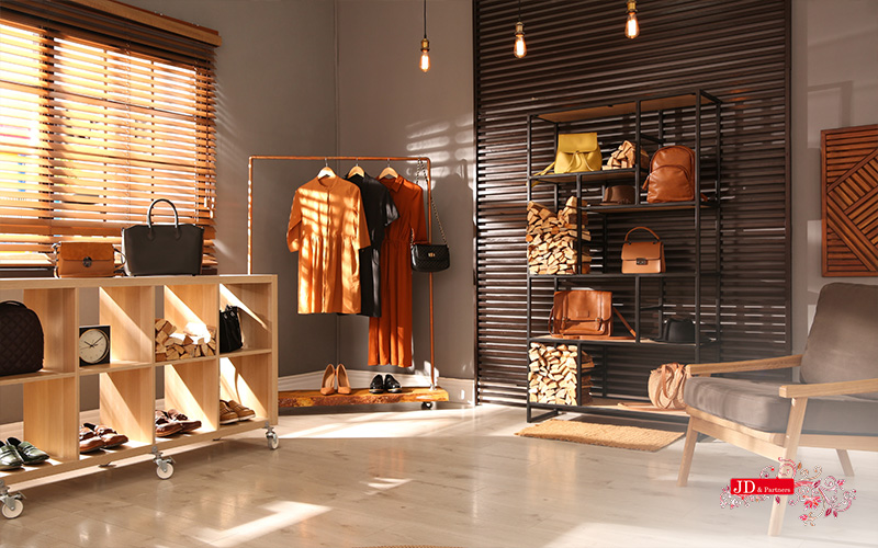 Retail space with collections of bags and clothes